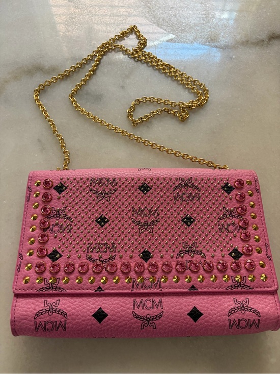 MCM Handbags - MCM Pink Rhinestone & Gold-Studded Leather Chain Crossbody WOC